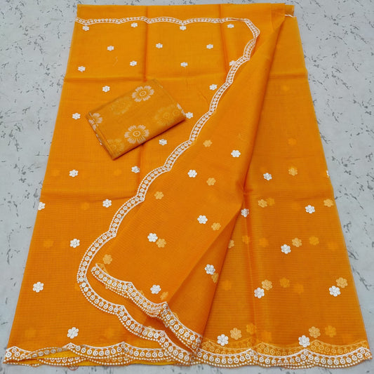 Kota Doria Sarees Embroidery work with blouse Mango Orange Colour-Indiehaat