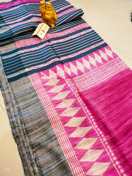 Silkmark Certified Tussar Silk Handloom Handblock Printed Pink and Blue Saree with Blouse-Indiehaat