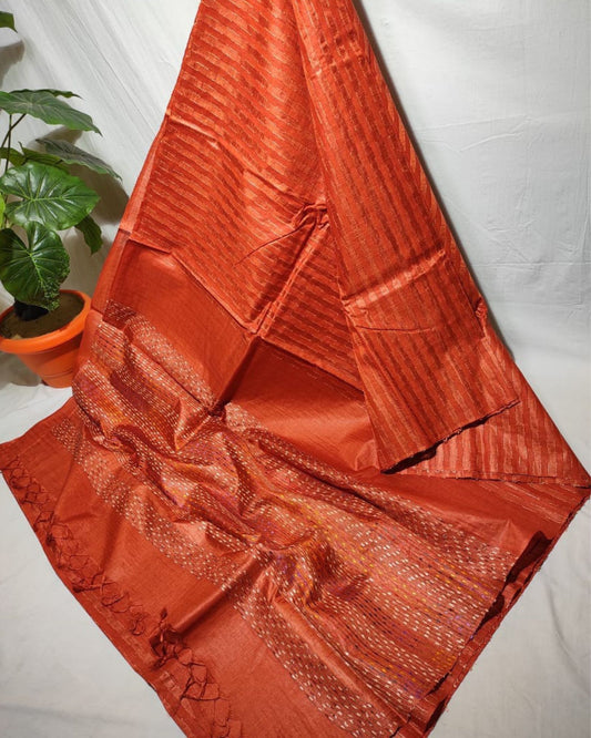 Bansbara Silk Saree Vermilion Red Color Striped Design with running blouse - IndieHaat