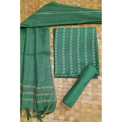 Katan Silk Green Suit Piece with Bottom and Dupatta Handcrafted-Indiehaat