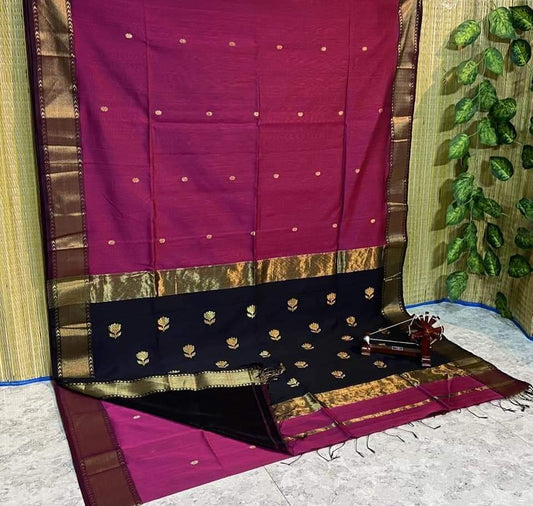 Maheshwari Cotton Silk Saree Butta Body, Lotus design Pallu Berry Red Color with golden zari weaving and contrast blouse - IndieHaat