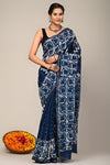 Pure Chanderi Silk Dark Blue   Saree Handblock Printed with running blouse