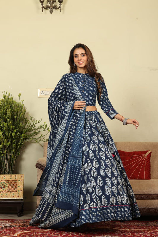 Handblock Printed Cotton Lehanga And Top With Mulmul Dupatta (Size: 34-46) Blue Color-Indiehaat
