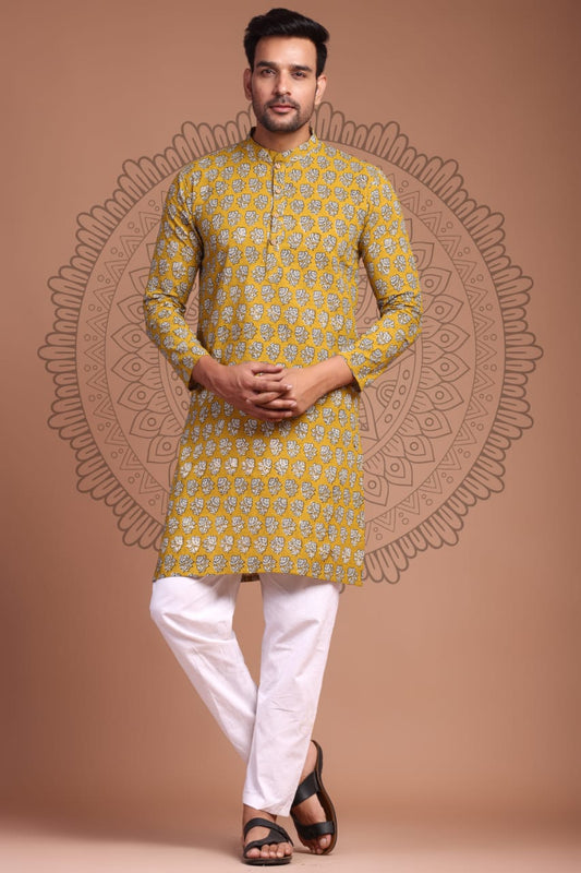 Cotton Designer Men'S Kurta Bagru Printed Hand Printed Yellow Color (Size: 38-44)-Indiehaat