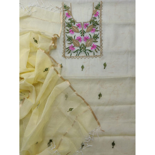 Kota Doria White Suit Material 2 Piece Embroidered (Only Top and Dupatta)-Indiehaat