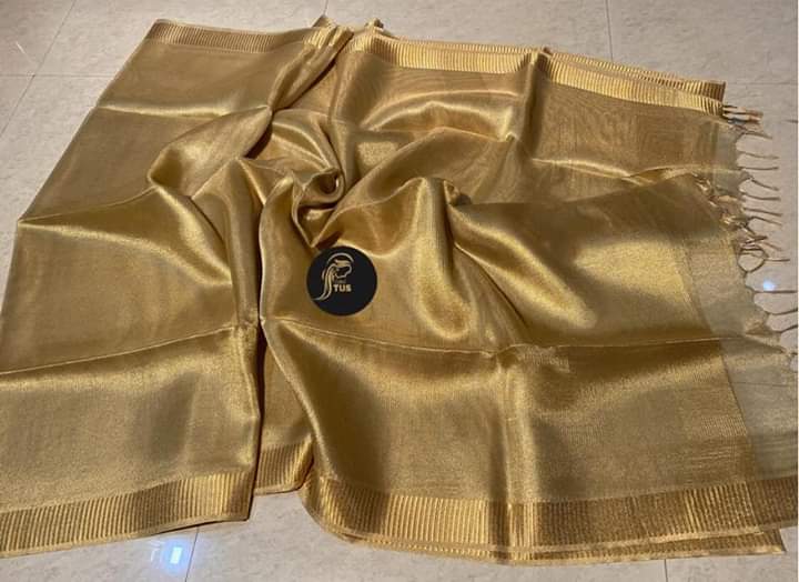 Hand Dyed Pure Tissue Linen Golden Color  Saree With Running Blouse-Indiehaat