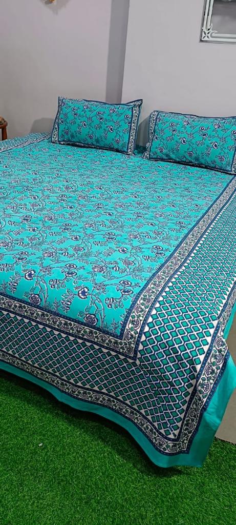 Cotton King Size Double Bedsheet (Size: 90" x 108") - IndieHaat Turquoise Color with 2 Pillow Cover (Size: 18" x 27") - IndieHaat
