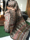  Chanderi Silk Saree Mint White KalamKari Print 7%Off - IndieHaat