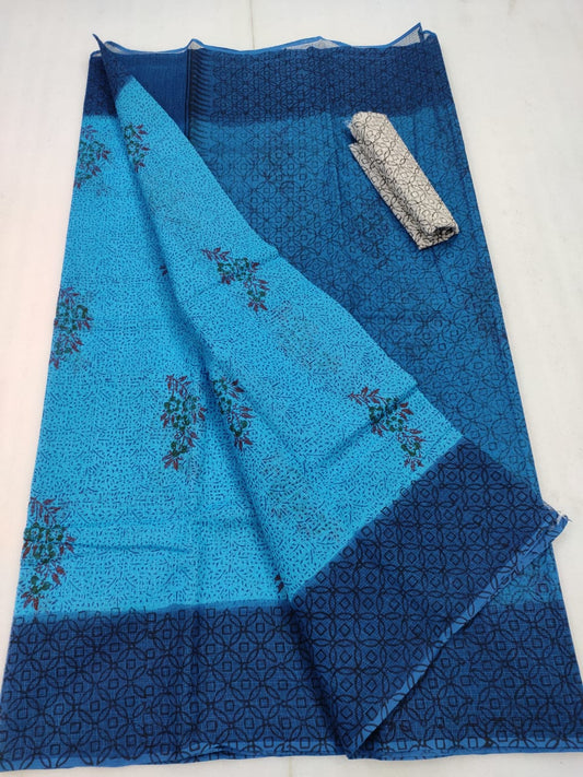 Kota Doria Handblock Printed Blue Saree with blouse-Indiehaat