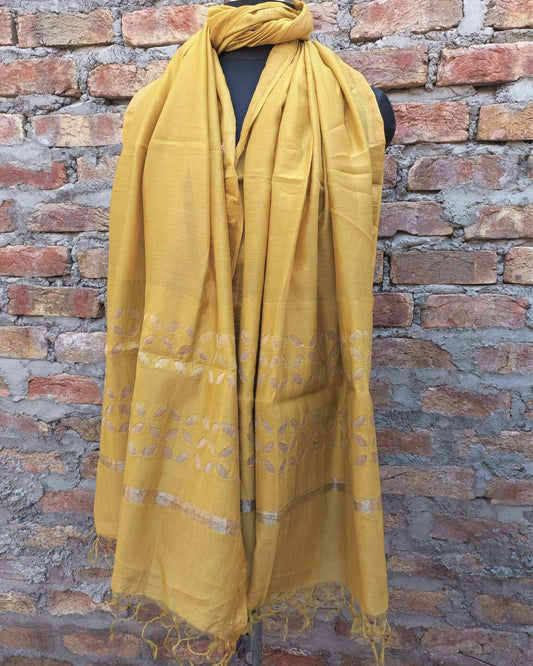 Chanderi Silk Dupatta Golden Beige Color Applique Work - IndieHaat