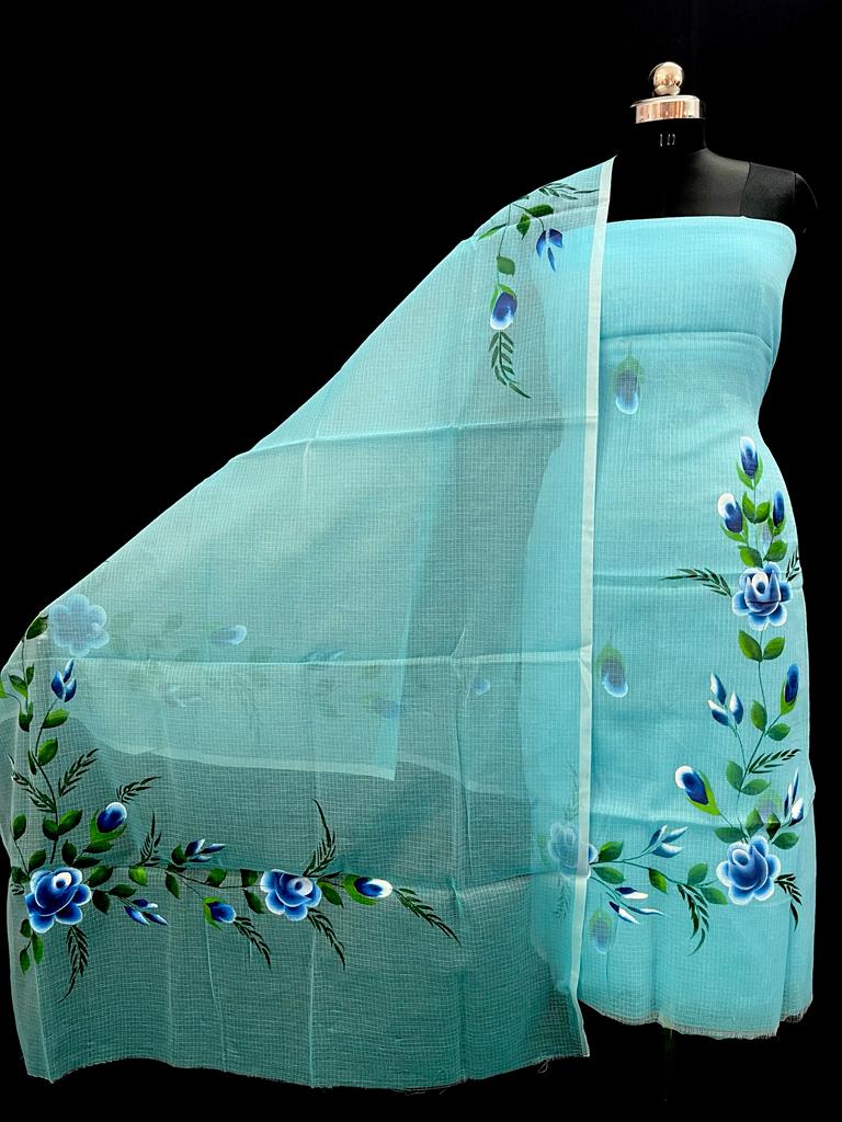 Kota Doria Hand Painted Suits Medium Sky Blue Colour (TOP+DUPATTA+BOTTOM)
