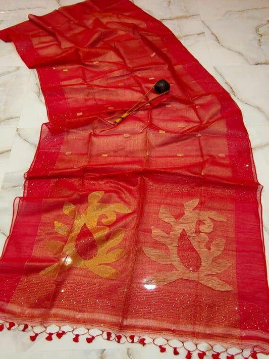Tissue Muslin Saree Red Color Jamdani Weaving with running blouse - IndieHaat