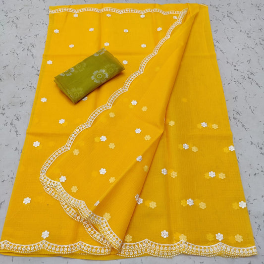 Kota Doria Sarees Embroidery work with blouse Yellow Colour | Indiehaat