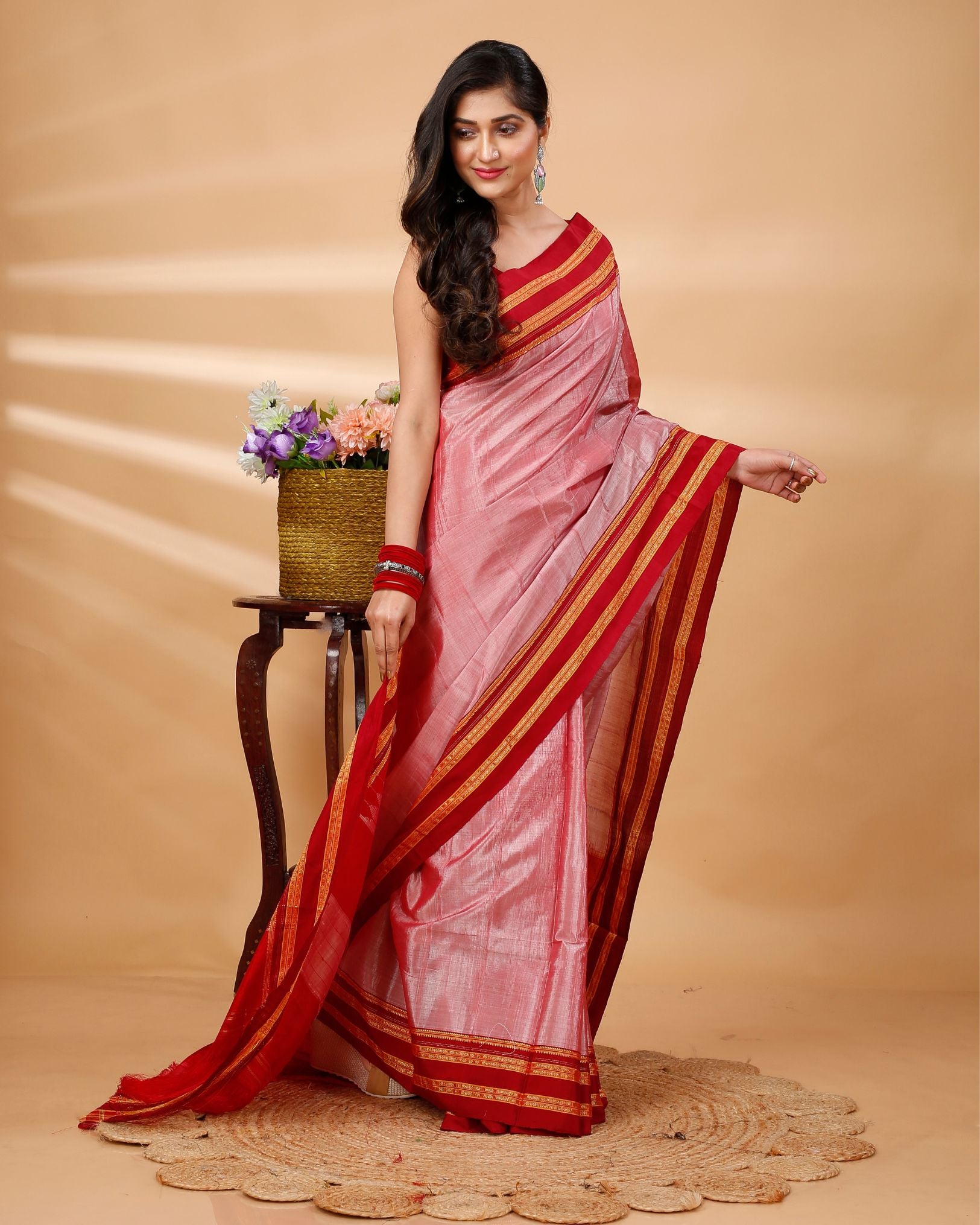 ILKAL Handloom Cotton Silk Saree Rose Pink Color with running blouse - IndieHaat
