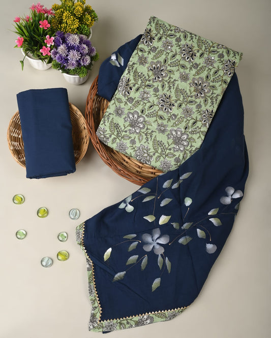 Cotton Suits Sage Green Color Handwork with Mulmul Heavy Handwork Dupatta - IndieHaat
