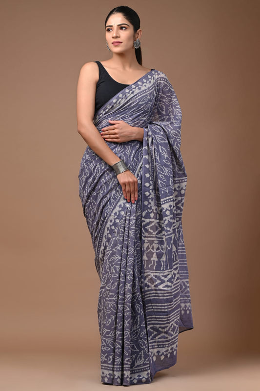 Mulmul Cotton Saree Slate Grey Color Handblock Printed with running blouse - IndieHaat
