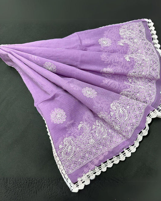 Indiehaat | Kota Doria Dupatta Purple Color with Chikankari and Crochet Work