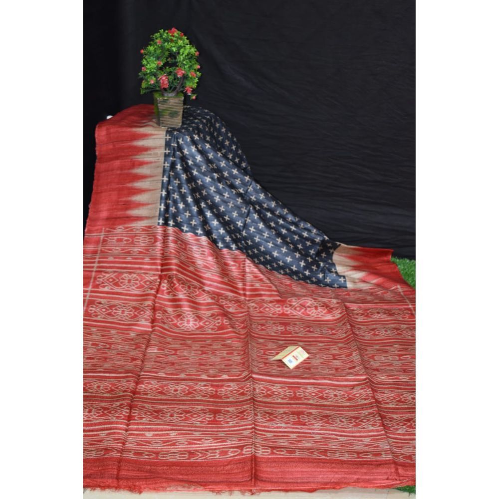 Silkmark Certified Tussar Silk Handloom Handblock Printed Black Saree with Blouse-Indiehaat