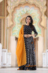 Handblock Printed Cotton Black and Yellow Lehanga And Top With Mulmul Dupatta | Indiehaat