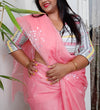 Kota Doria Embroidery Pink Saree with blouse Handcrafted-Indiehaat