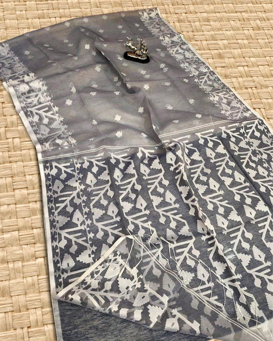 Muslin Silk Saree Printed Grey Color with running blouse - IndieHaat
