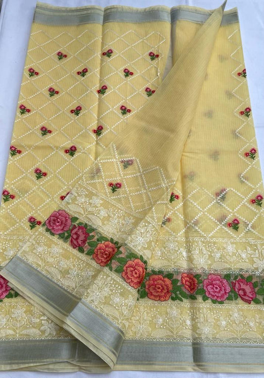 Kota Doria Embroidery Yellow Saree with blouse Handcrafted-Indiehaat