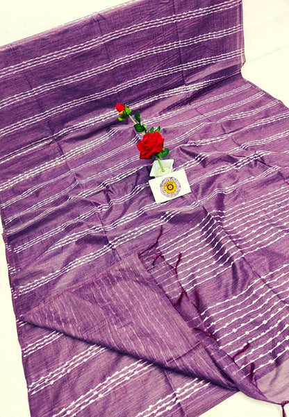 Bansbara Tussar Silk Handloom Saree Lily Purple Colour with Running Blouse-Indiehaat