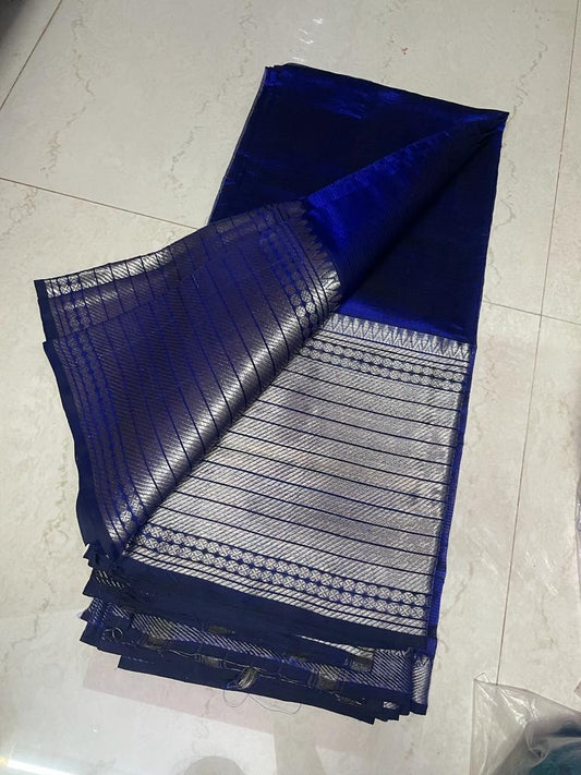 Mangalagiri Handloom Saree Royal Blue Color 300K Border Silver Zari Lines with running blouse - IndieHaat