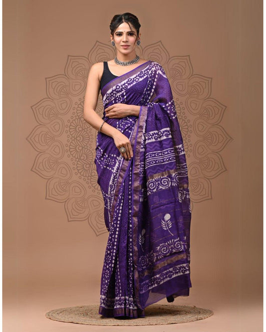Maheshwari Silk Saree dark purple Handblock Printed With running blouse (Silk by Silk)