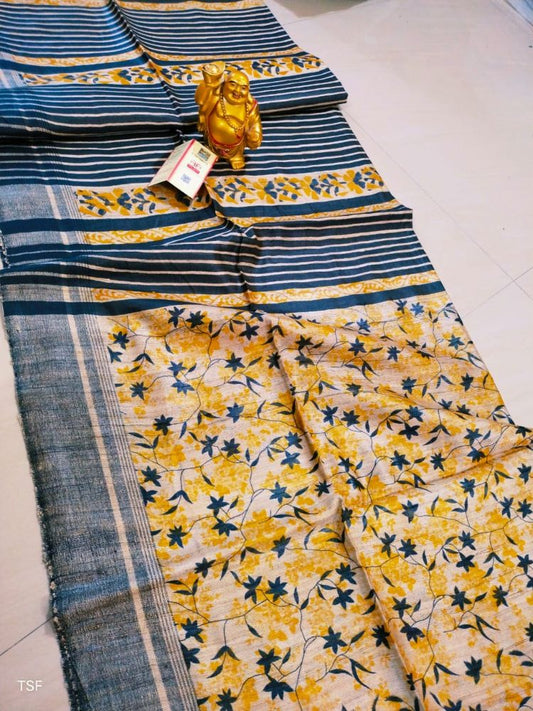Silkmark Certified Tussar Silk Handloom Handblock Printed Yellow and Blue Saree with Blouse-Indiehaat