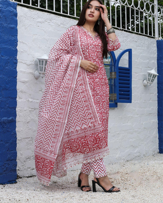 Kota Doria Suits (Top+Bottom+Dupatta) Red Color Handblock print with Stitch embroidery work - IndieHaat