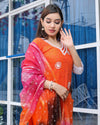 Pure Cotton Kota Doria Suits (Top+Bottom+Dupatta) Orange Color Stitch embroidery with Hand Bandhej work Dupatta - Indiehaat