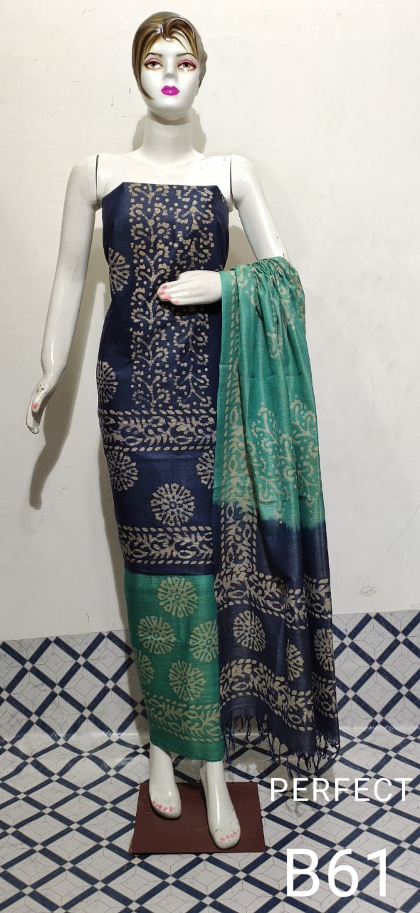 Khadi Cotton Batik Handblock Print Blue Suit Piece with Bottom and Dupatta-Indiehaat