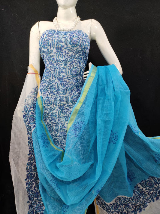 Kota Doria Blue Suit Material Handblock Printed with Zari Border Dupatta-Indiehaat