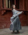 Organza Stitched Suit Dark Gray Color Hand painted - IndieHaat