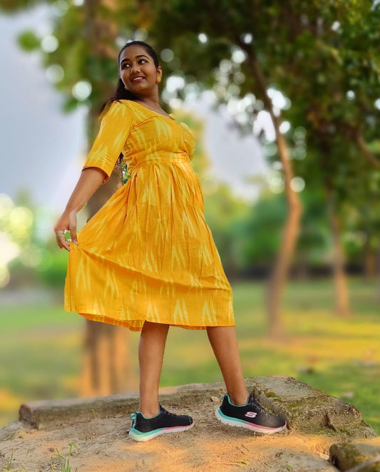 Pure Cotton Dress Ikkat Design Yellow 25% Off - IndieHaat