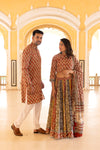 Handblock Printed Cotton Lehanga with Mulmul Dupatta and Kurta Pyjama Combo (Size: 32-46) Brown Color-Indiehaat