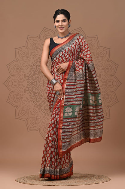 Chanderi Silk Red Saree Hand Block Print Natural Dye and Color with running blouse-Indiehaat