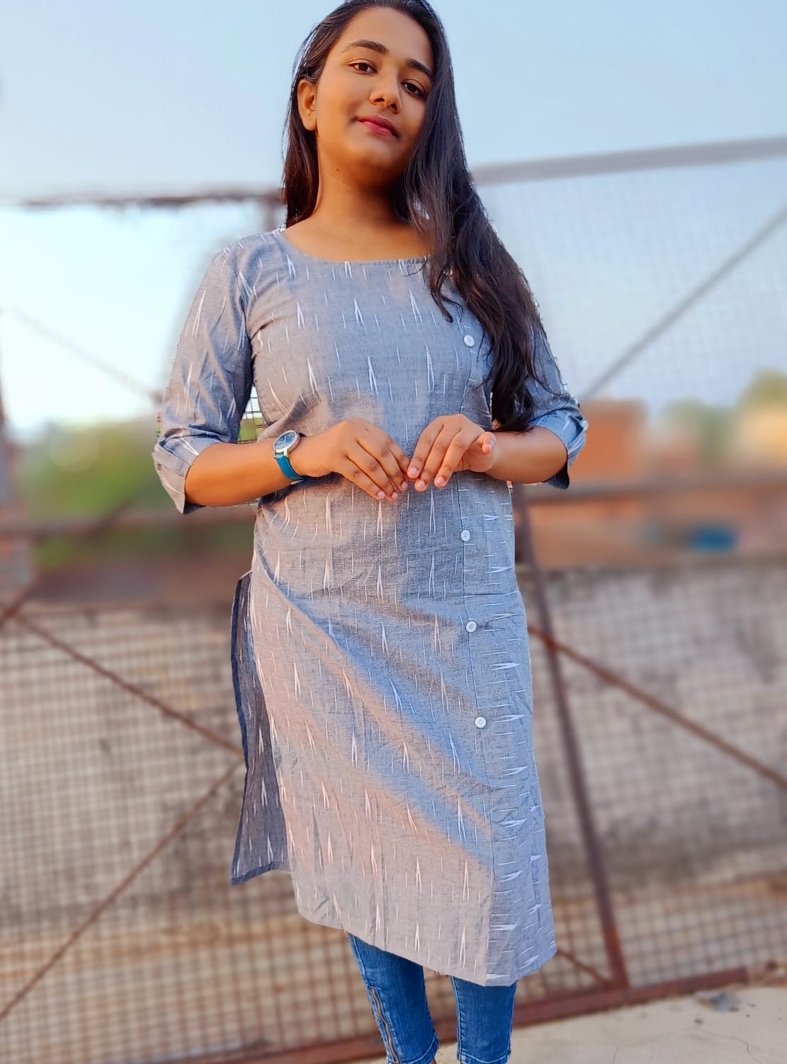 Pure Cotton Dress Ikkat Design Blue 25% Off - IndieHaat