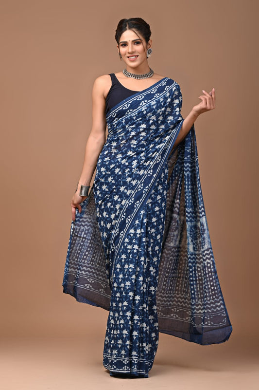 Mulmul Cotton Saree Indigo Blue Color Handblock Printed with running blouse - IndieHaat