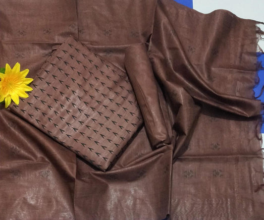 Handcrafted Katan Silk Brown Suit Piece with Bottom and Dupatta-Indiehaat