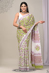 Mulmul Cotton Blockprinted Glowing Olive Green Saree