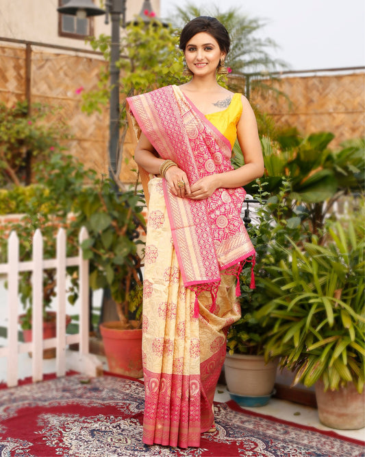 Kashmiri Modal Silk Saree Pastel Peach Color with contrast pallu and blouse - IndieHaat