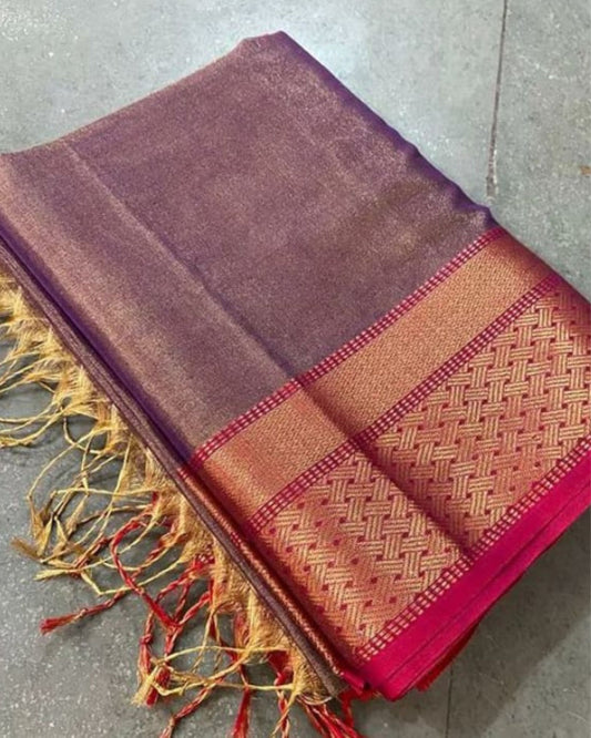 Pure Maheshwari Handwoven Tissue Silk Saree Pastel Purple Color with running blouse - IndieHaat
