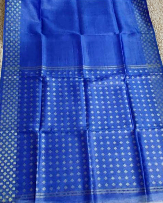 Pure Silk Linen Handloom Saree Royal Blue Color with Weaving Pattern Design and running blouse - IndieHaat