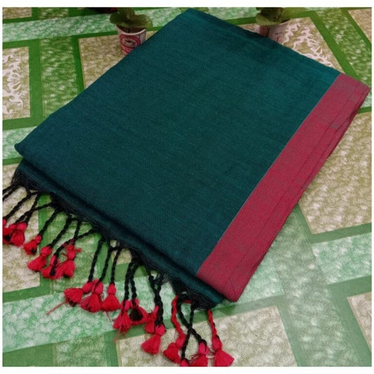 Pure Handloom Mul Cotton Green Saree 120 Count (Without Blouse)-Indiehaat
