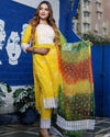 Pure Cotton Kota Doria Suits (Top+Bottom+Dupatta) Yellow Color Stitch embroidery with Hand Bandhej work Dupatta - Indiehaat