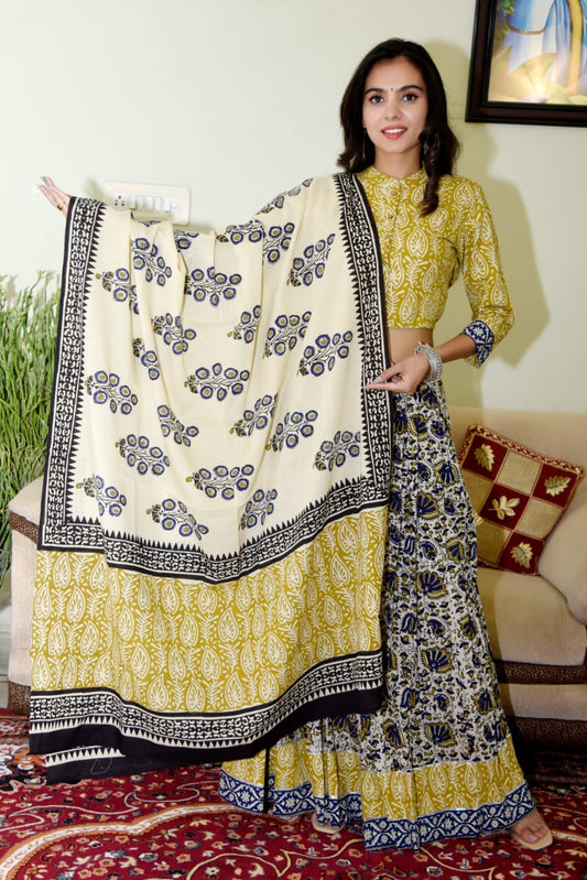 Handblock Printed Cotton Lehanga And Top With Mulmul Dupatta (Size: 34-46) Gold Yellow & Beige Color-Indiehaat