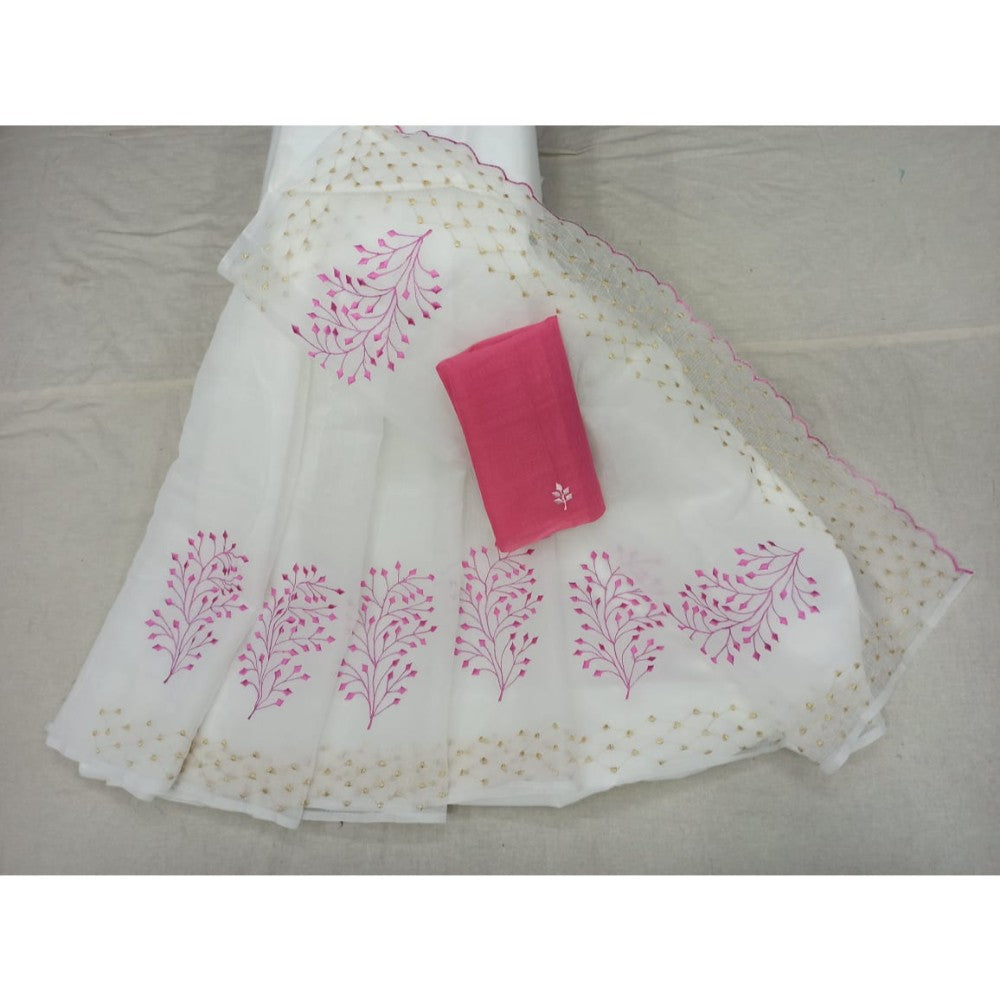 Kota Doria Embroidery White Saree with blouse Handcrafted-Indiehaat