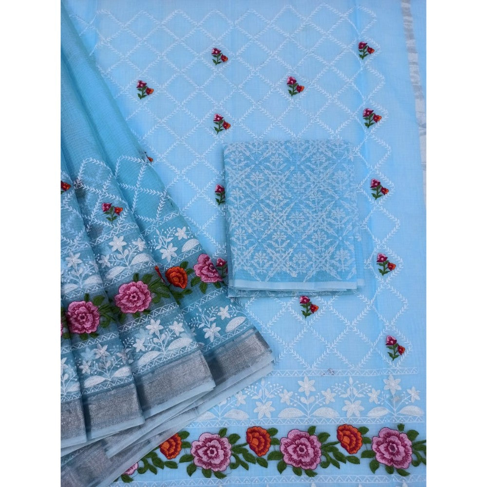 Pure Cotton Kota Doria Chikenkari Blue Saree with blouse Handcrafted-Indiehaat